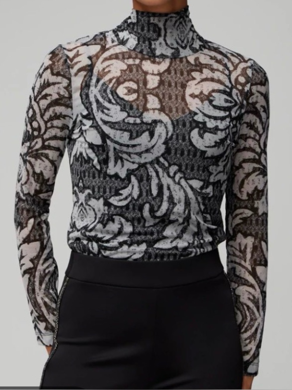 Arket Sheer High-Neck Long Sleeve Turtleneck in Black, White & Gray - Size Large